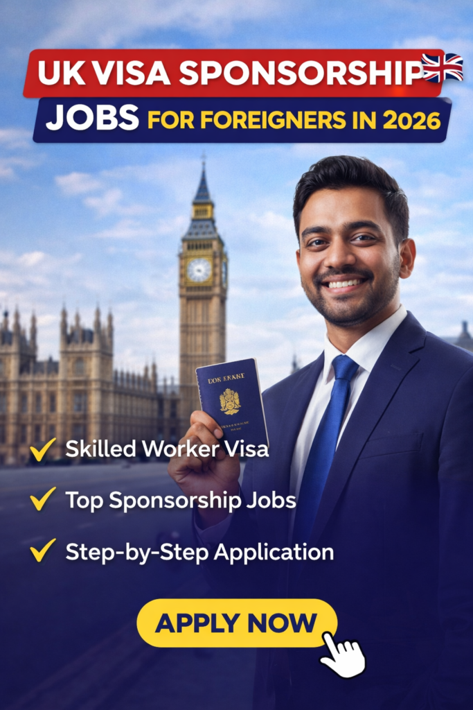 UK visa sponsorship jobs for foreigners 2026 apply now banner with London background and job opportunity details.